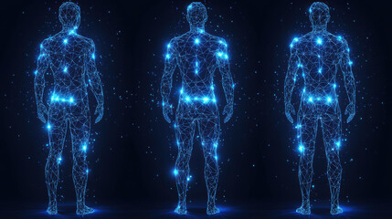 Poster - Futuristic digital human body rendered in low poly style, showcasing glowing blue connections. This artwork evokes sense of advanced technology and human form