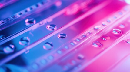 Poster - An extreme close-up of a microfluidic lab-on-a-chip device, showing integrated channels and biochemical reactions, Microfluidics technology style