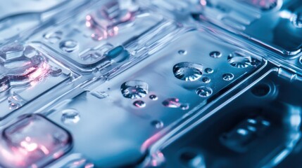 Poster - An extreme close-up of a microfluidic lab-on-a-chip device, showing integrated channels and biochemical reactions, Microfluidics technology style