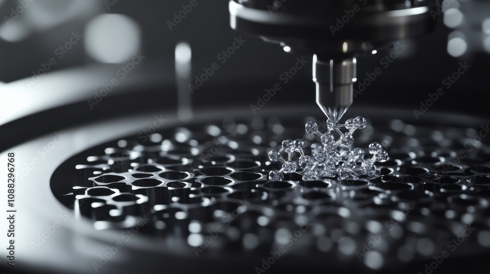 An extreme close-up of a molecular 3D printer assembling nanostructures ...