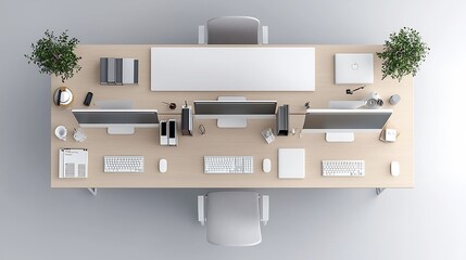 Aufkleber - Overhead view of an elegantly arranged office desk featuring multiple computers equipment and accessories in a clean minimalist 3D render style perfect for design mockups or corporate branding