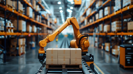 Aufkleber - Automated Industrial Robot in Action on Manufacturing Floor - Precision Packaging and Logistics, Efficiency and Precision Warehouse Automation with Industrial Robots and Advanced Technol