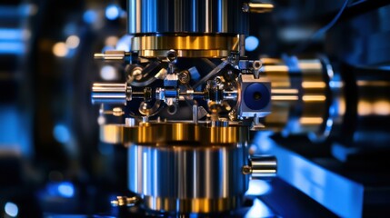Poster - An extreme close-up of a quantum encryption key distribution device, demonstrating quantum cryptography principles, Quantum security style