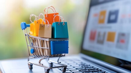 Poster - Miniature shopping cart overflowing with colorful shopping bags and labeled cardboard boxes set against a laptop screen displaying an e commerce site