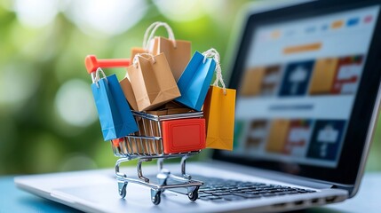 Aufkleber - Miniature shopping cart overflowing with colorful shopping bags and labeled cardboard boxes set against a laptop screen displaying an e commerce site