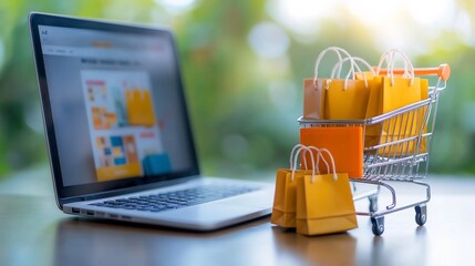 Fototapete - Digital shopping cart filled with colorful mini bags and fragile boxes positioned in front of a laptop displaying an online store screen