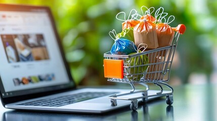 Aufkleber - Vibrant shopping cart loaded with small colorful bags and fragile marked boxes against a laptop with a shopping website open