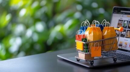 Aufkleber - Vibrant shopping cart filled with colorful bags and boxes labeled  Fragile  set before a laptop displaying an e commerce website conveying the ease and enjoyment of modern digital shopping