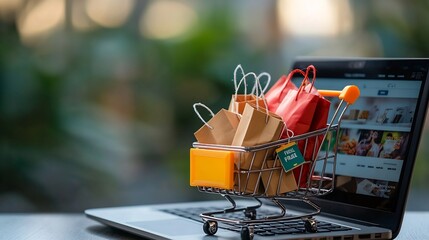 Poster - Vibrant shopping cart filled with colorful bags and boxes labeled  Fragile  positioned in front of a laptop displaying an e commerce website