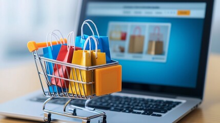 Aufkleber - Close up of a tiny shopping cart filled with colorful bags and delicate boxes placed in front of a laptop displaying an online retail website