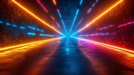 Wall Mural - abstract neon lights in a dark tunnel with glowing particles.