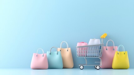Poster - Cute and Stylish Mini Shopping Cart Filled with Pastel Colored Bags on a Soft Blue Background Symbolizing the Modern Fresh and Convenient Online Shopping and Retail Consumer Experience