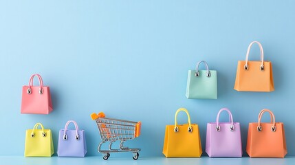 Aufkleber - Stylish and modern flat lay composition featuring a miniature shopping cart and vibrant pastel shopping bags arranged on a solid blue background