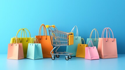Poster - Playful and modern arrangement featuring a miniature shopping cart filled with pastel colored shopping bags set against a bright blue background