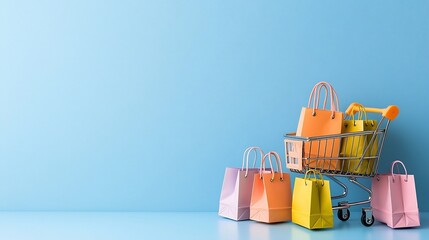 Poster - Pastel Hued Mini Shopping Cart on a Light and Airy Blue Background Representing the Evolving Landscape of Modern E Commerce and Shopping Trends