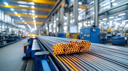 Poster - Close up of intensely glowing metal rods in vibrant orange and yellow hues resting on a conveyor belt in a bustling industrial plant