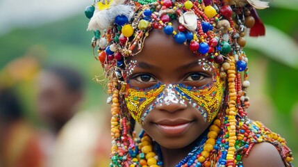 Wall Mural - Vibrant Cameroonian Girl Adorned in Colorful Beads and Face Paint at a Festive Village Celebration