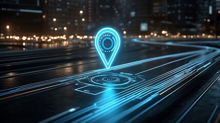 Aufkleber - Glowing blue digital location pin symbol with a futuristic tech trail representing GPS navigation and spatial positioning on a dark abstract background