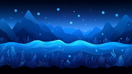 Poster - Serene nightscape luminous blue mountains reflected in calm water, aquatic plants, starry sky.