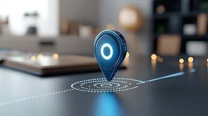 Aufkleber - Futuristic blue digital location marker with a dotted line path representing navigation and pinpointing accuracy in a digital space or virtual environment
