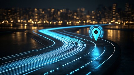 Poster - Elegant blue light trail leading to a bright location pin symbolizing modern technology and seamless GPS navigation on a dark backdrop  The image represents innovation progress