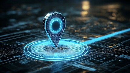 Aufkleber - Vibrant Digital Blue Location Pin with Glowing Trail in Futuristic Style Representing the Concept of Real Time GPS Tracking and Navigation