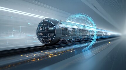 Poster - Sleek digital of a high speed train with a glowing blue aura representing the future of transportation and innovation  The image showcases a modern futuristic train design with dynamic lines