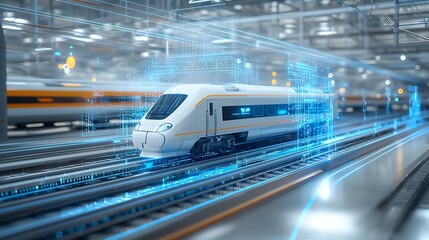 Aufkleber - High tech bullet train surrounded by a dazzling array of blue holographic elements representing the speed precision and advanced technology of transportation systems  This futuristic