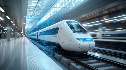 Poster - High Speed Digital Bullet Train Surrounded by Vibrant Holographic Elements Symbolizing the Speed Precision and Technological Advancements of Transportation Systems