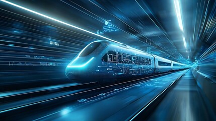Fototapete - Sleek Blue Futuristic Train Design Moving at High Velocity with Glowing Digital Nodes Representing Progress in Advanced Rail Technology
