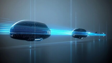 Poster - Stunning high tech depicting two jet planes soaring through the sky leaving behind captivating blue light trails that embody the essence of speed precision