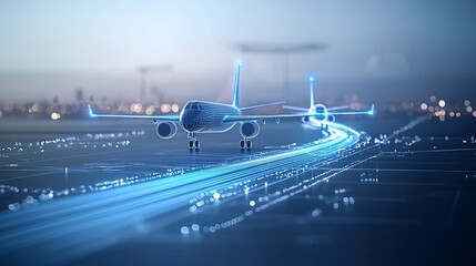 Poster - Captivating high tech depicting two jet planes soaring through the sky leaving behind mesmerizing blue light trails that capture the essence of speed precision