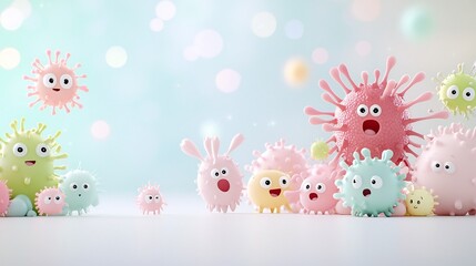 Poster - Cheerful Cartoon Germs with Pastel Bokeh Backdrop   A whimsical depicting happy expressive microorganisms set against a soft blurred pastel color field