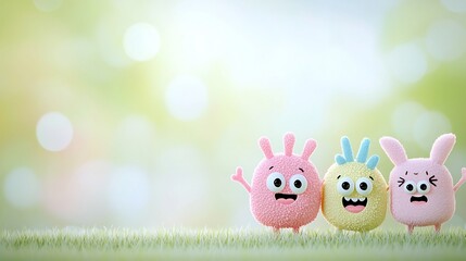 Poster - Adorable Cartoon Germs with Happy Expressions Floating in Soft Pastel Colored Bokeh Background  Whimsical Microscopic Organisms