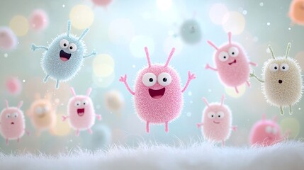 Poster - Whimsical cartoon germs with endearing expressions floating peacefully in a dreamy pastel colored bokeh landscape conveying a gentle and humorous feel