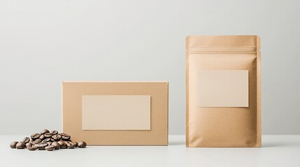 Poster - mockup of a blank cardboard box and pouch set against a neutral background perfect for showcasing coffee food or other product packaging designs