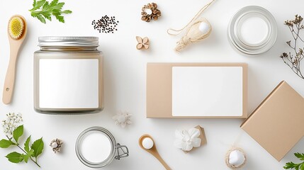 Aufkleber - Stylish and modern packaging mockup featuring a glass jar and small cardboard box with blank labels arranged in a flat lay composition on a clean white background