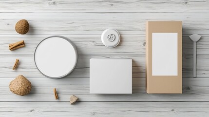 Aufkleber - 3D mockup of a round tin can and a rectangular box both with blank surfaces for branding set on a wooden table background  This image can be used for product packaging advertising marketing