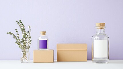Aufkleber - Minimalist Clear Glass Bottle and Kraft Paper Box Mockup Perfect for Showcasing Eco Friendly or Organic Product Designs