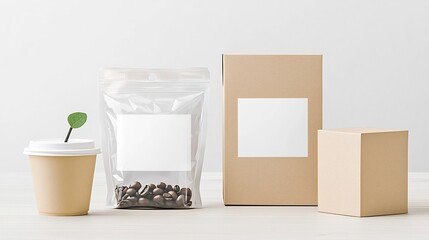 Aufkleber - Minimalist Modern Packaging Design Mockup Featuring a Blank Label on a Plastic Pouch and a Paper Box Ideal for Coffee or Snack Branding and Merchandising