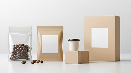 Aufkleber - Mockup of a blank label on a plastic pouch and a paper box presented in a modern minimalistic style suitable for coffee or snack packaging  The clean