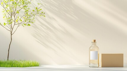 Aufkleber - Elegant glass bottle with a blank label and a simple cardboard box arranged in a light and shadow play setting creating a minimalist and modern display for beauty or wellness brand products