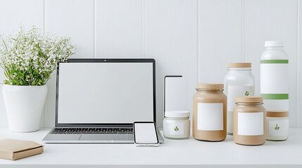 Poster - Clean and minimalist mockup with a laptop and smartphone displaying blank screens