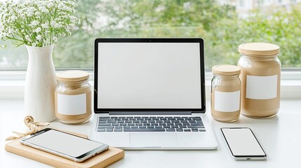 Leinwandbilder - Clean and minimalist mockup featuring a laptop and smartphone displaying blank screens accompanied by a jar and bottle with empty labels   ideal for showcasing packaging design product branding