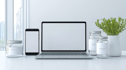 Poster - Minimalist mockup featuring a laptop and smartphone with blank screens alongside a jar and bottle with blank labels ideal for showcasing packaging design and branding concepts in a clean
