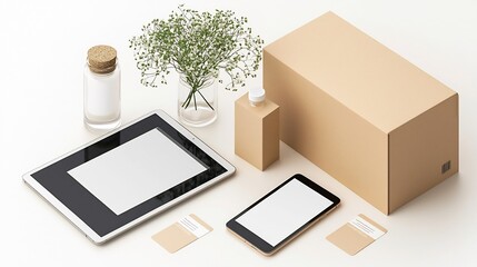 Aufkleber - Elegant scene with a tablet and smartphone displaying blank screens next to a glass bottle and cardboard box with blank labels ideal for combined app and product packaging mockups in a minimalist