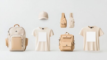 Aufkleber - Minimal and clean mockup design featuring a set of clothing items including a hat t shirt and backpack with blank areas