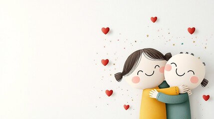 Poster - Cheerful cartoon of two smiling characters hugging each other surrounded by small hearts and sparkles to represent happiness connection and affection