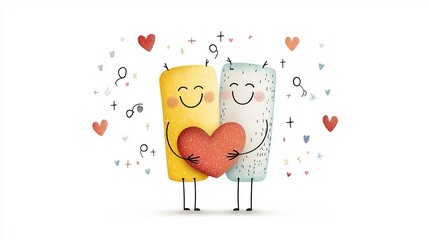 Poster - Cartoon of two smiling characters hugging each other surrounded by small hearts and sparkles to represent happiness connection and affectionate intimacy