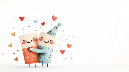 Poster - Cheerful cartoon of two smiling characters embracing each other with hearts and sparkles surrounding them symbolizing happiness connection and joyful affection in a relationship or friendship